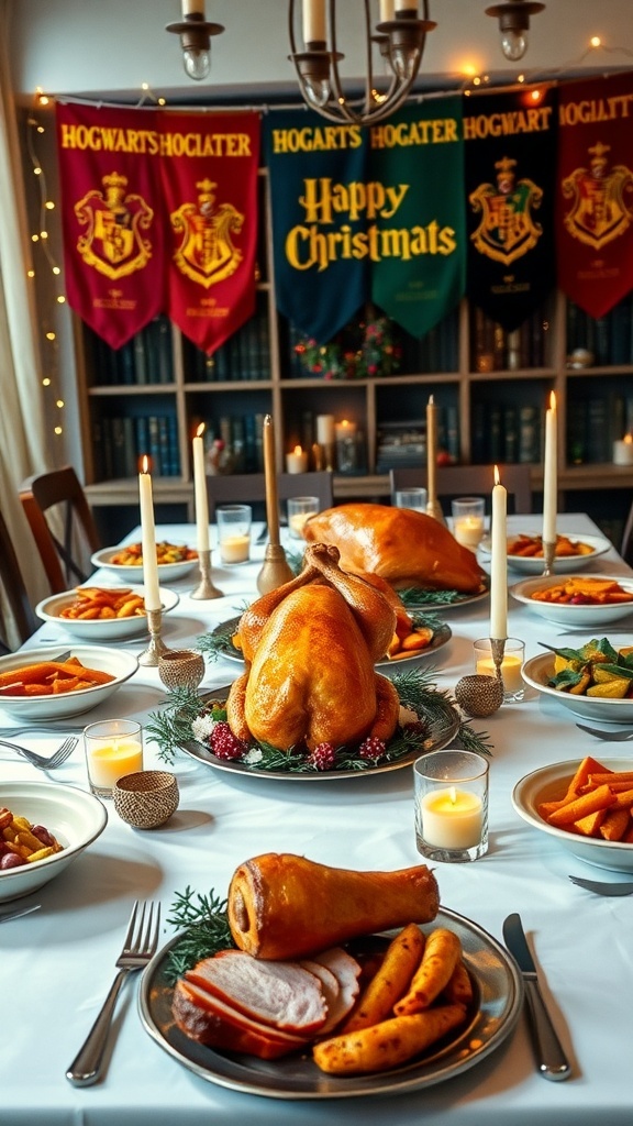 Hogwarts Christmas Feast Recipe A festive Hogwarts-inspired Christmas feast with roast turkey, honey-glazed ham, and seasonal vegetables on a beautifully decorated table.